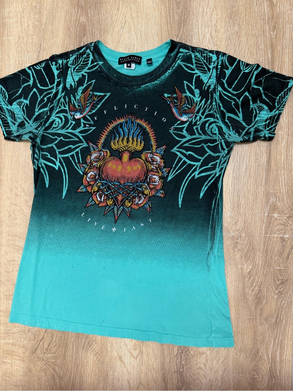 Affliction Teal Ombre Heart & Flame Graphic Short Sleeve Tee
